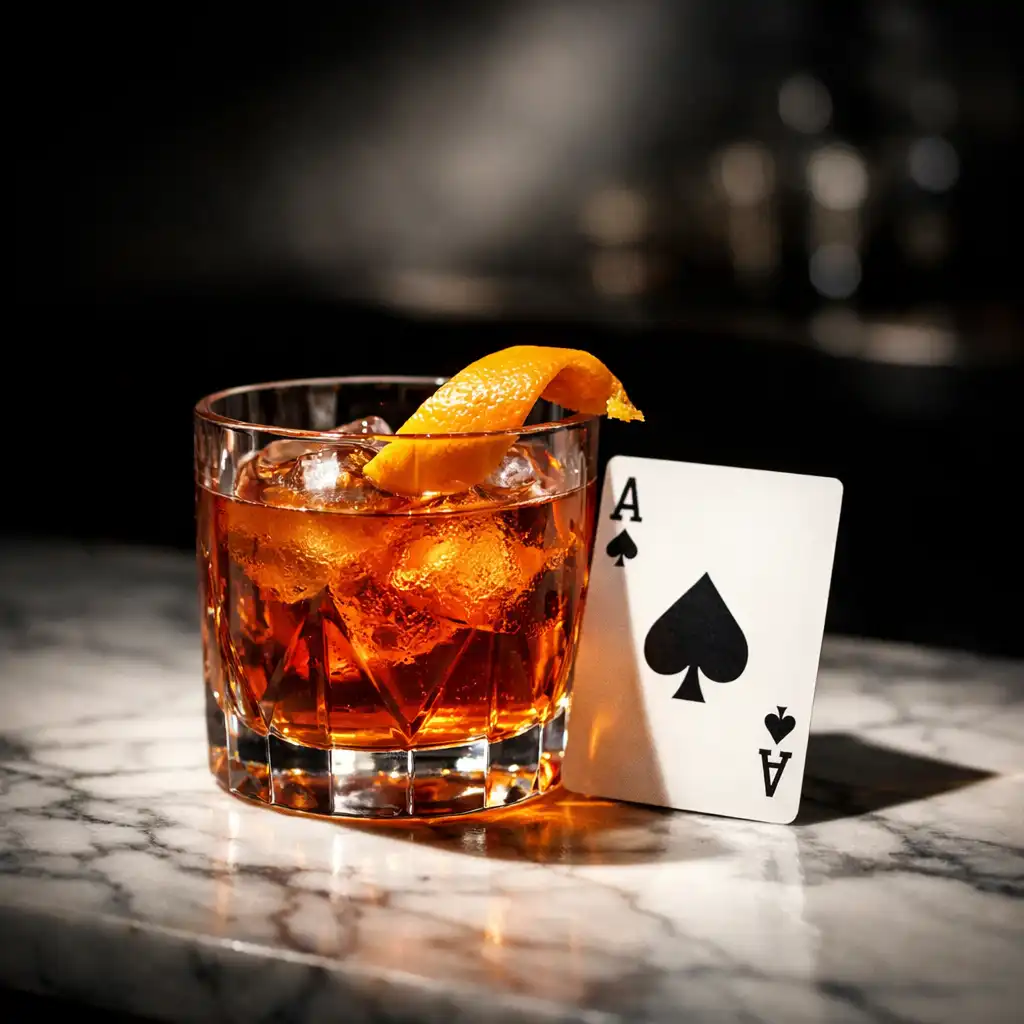 A signature amber cocktail on a marble counter with a playing card leaning against the glass