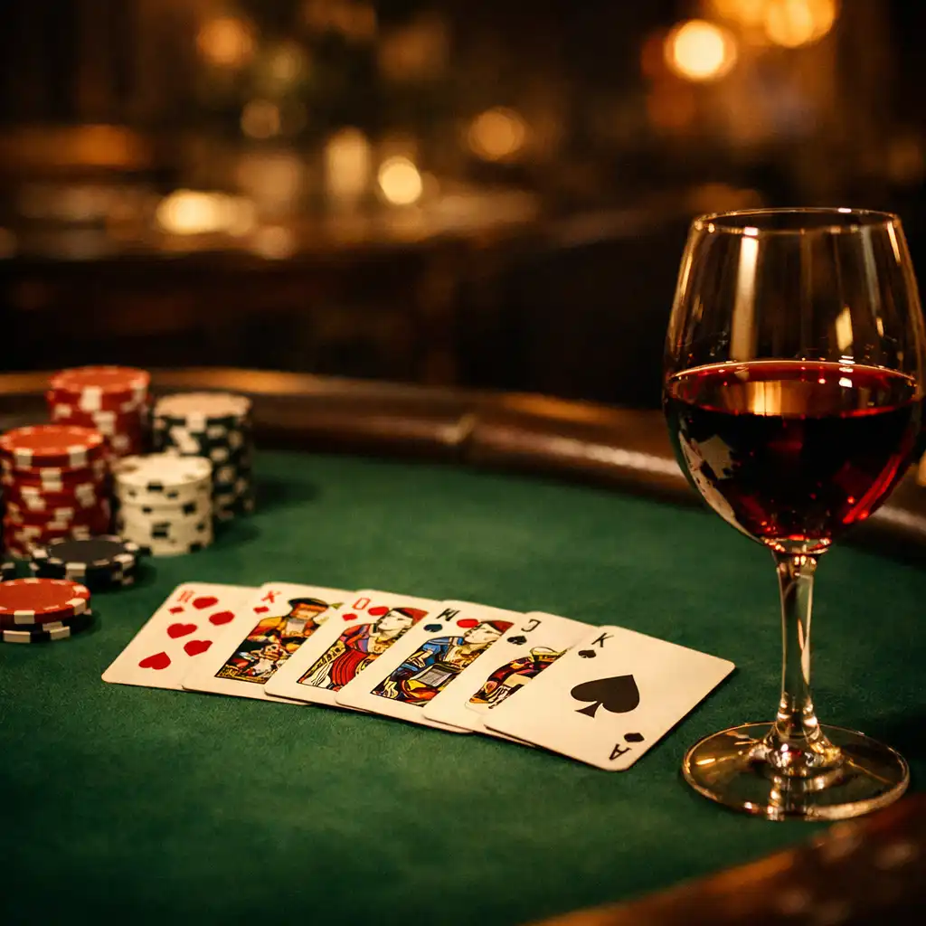 A close-up of a poker table with playing cards, poker chips, and a glass of red wine under warm restaurant lighting