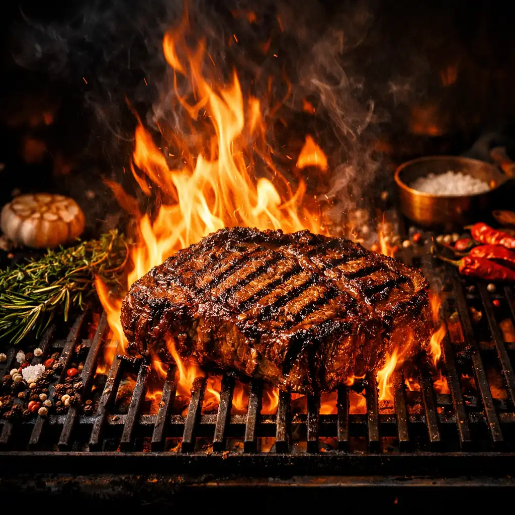 A professional kitchen grill with flames rising around a dry-aged ribeye steak, surrounded by fresh herbs and spices.