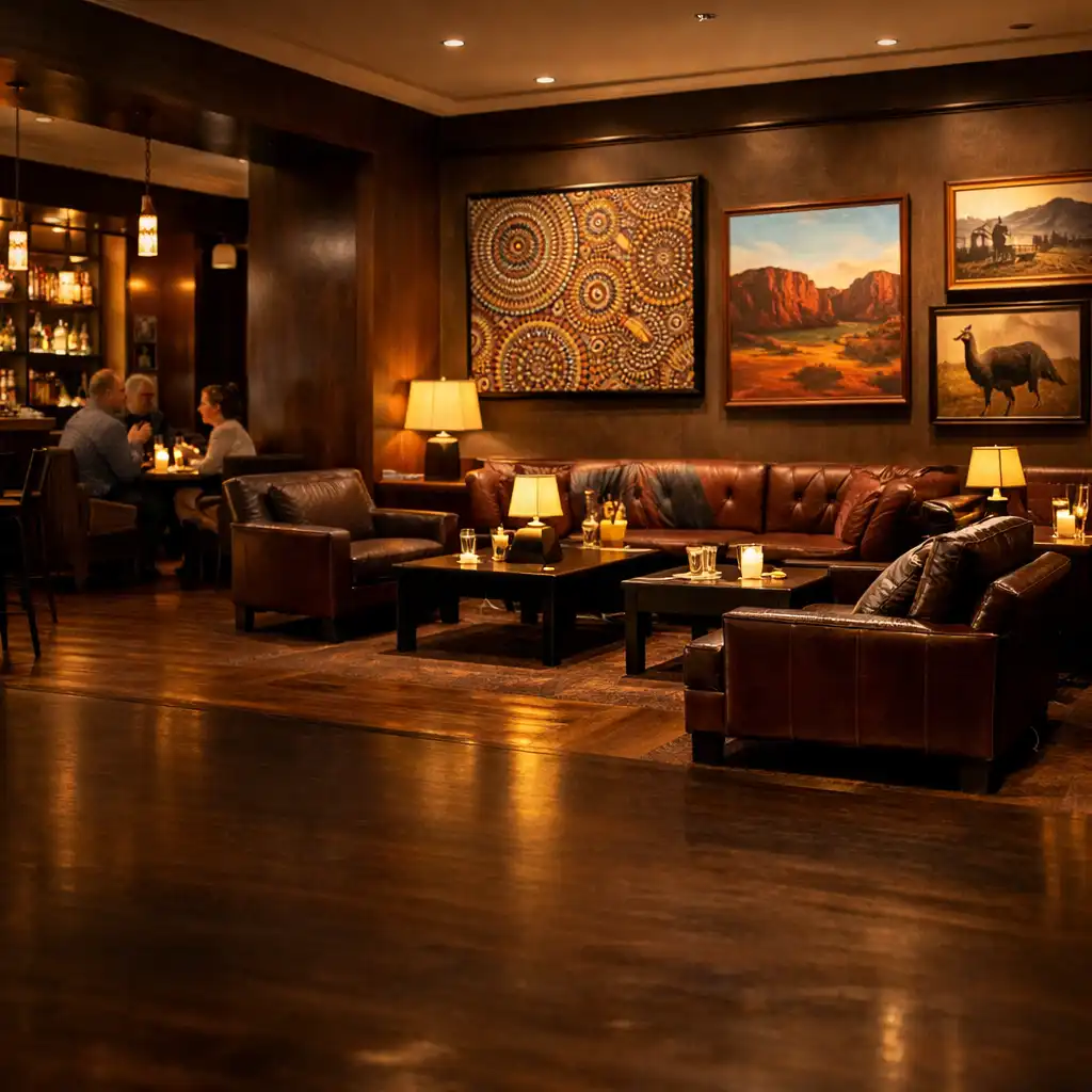 A wide view of a sophisticated restaurant lounge with leather sofas, low tables, warm lighting, and framed art