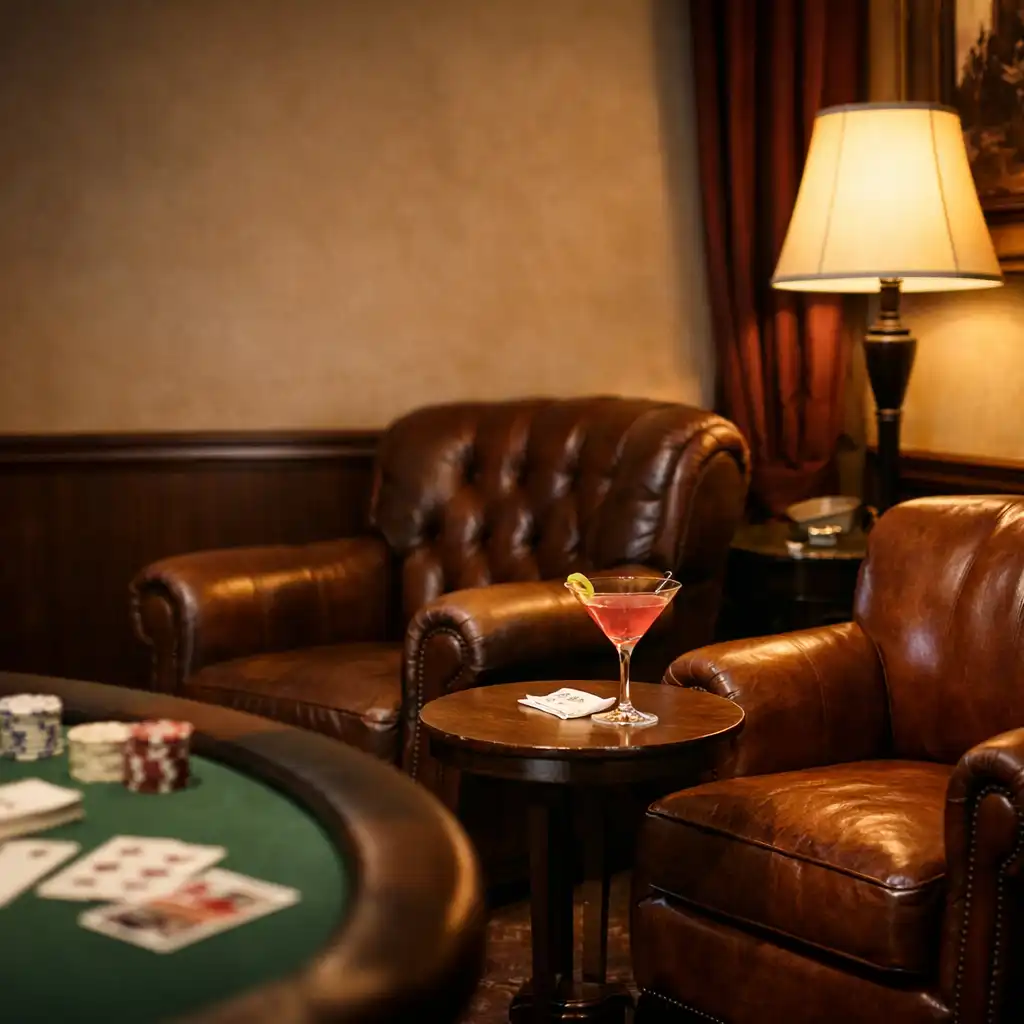 A cozy lounge area with leather armchairs and a cocktail on a side table