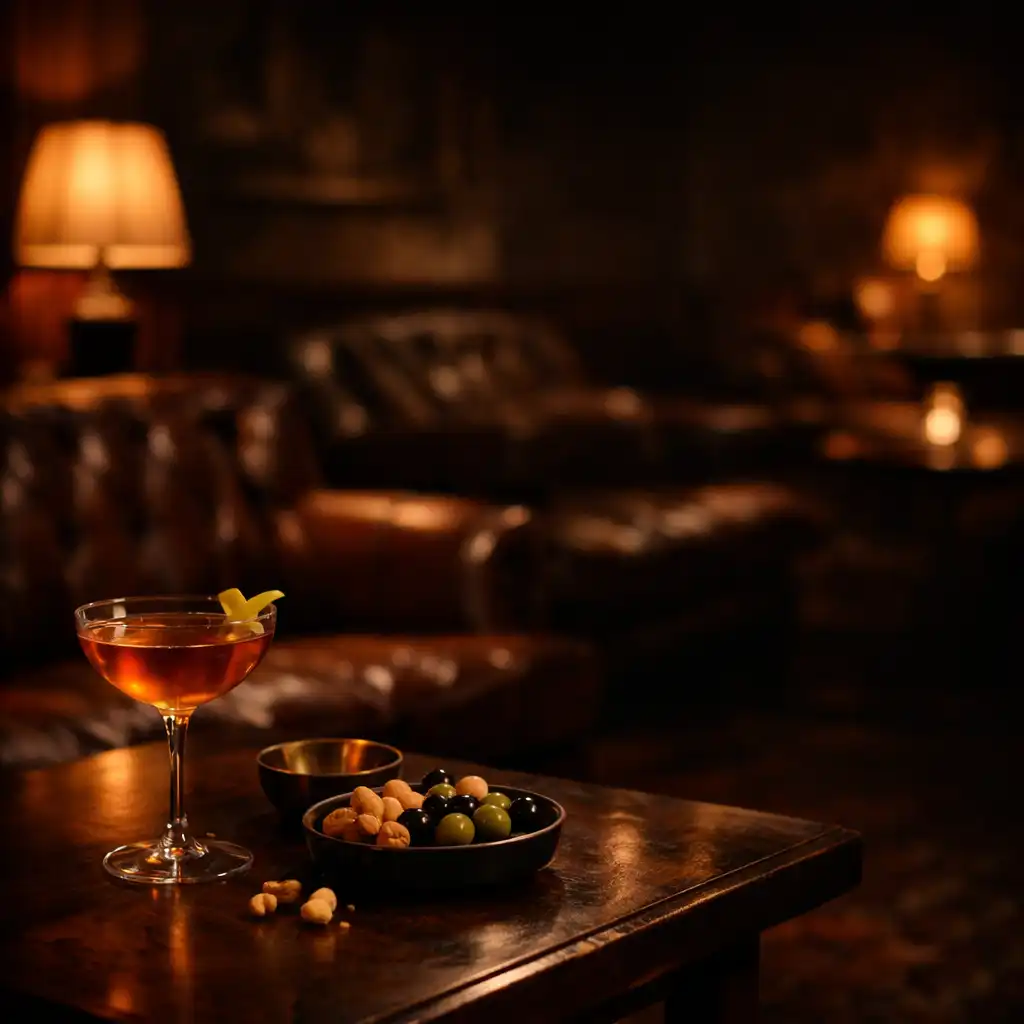 A moody lounge area with a low table holding a coupe cocktail and a small plate of olives and nuts, surrounded by deep leather seating.