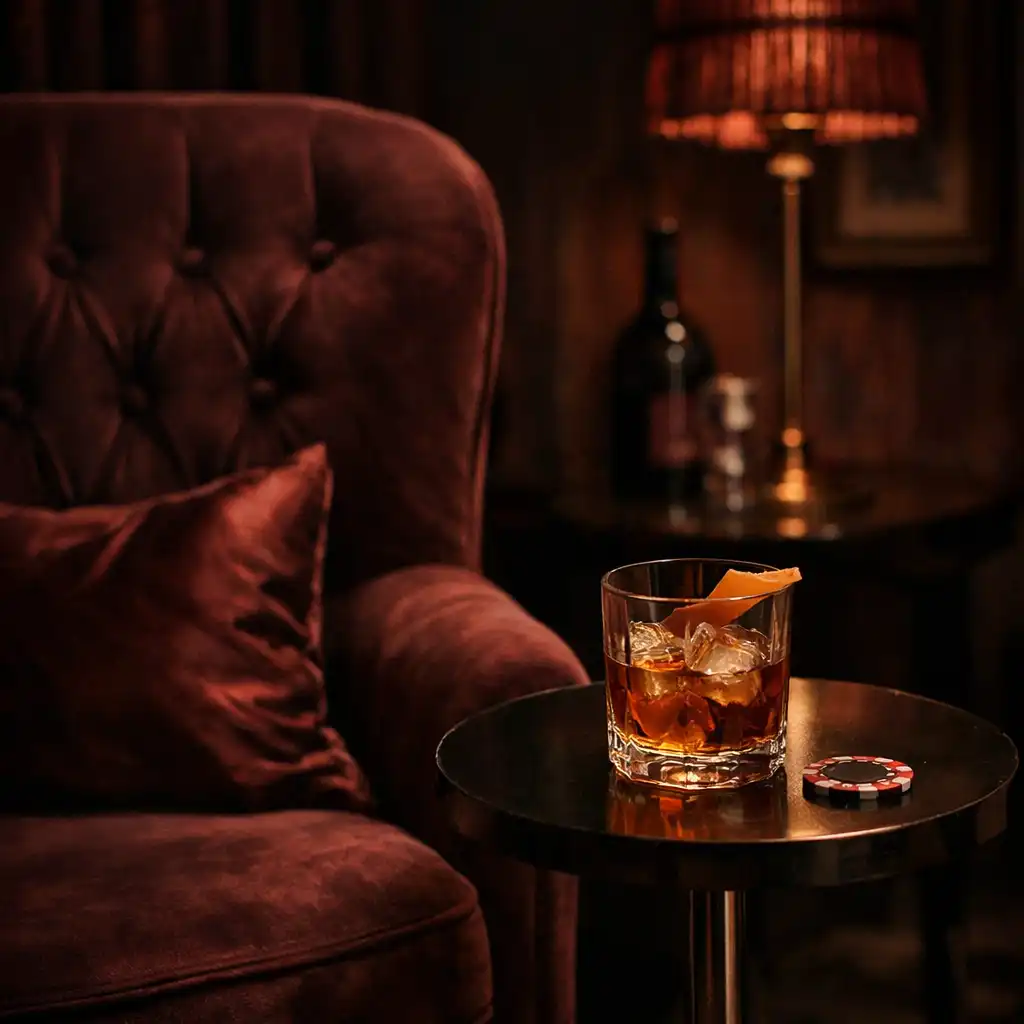 Narrow lounge corner with a plush chair, side table, drink, and poker chip