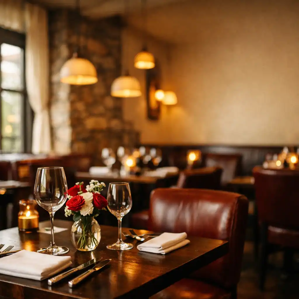 Warm restaurant interior with ivory walls, dark wood tables, and leather chairs