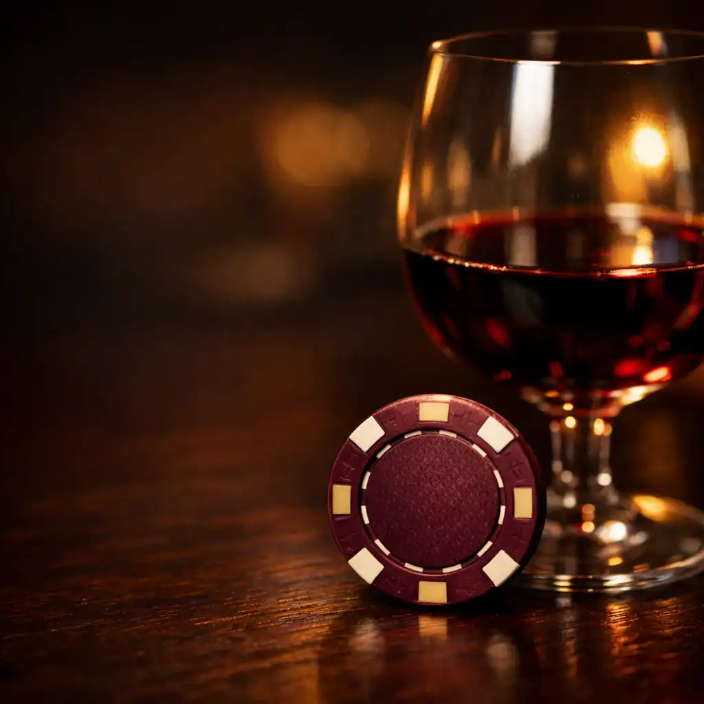 A poker chip resting beside a glass of red wine on a dark wooden table