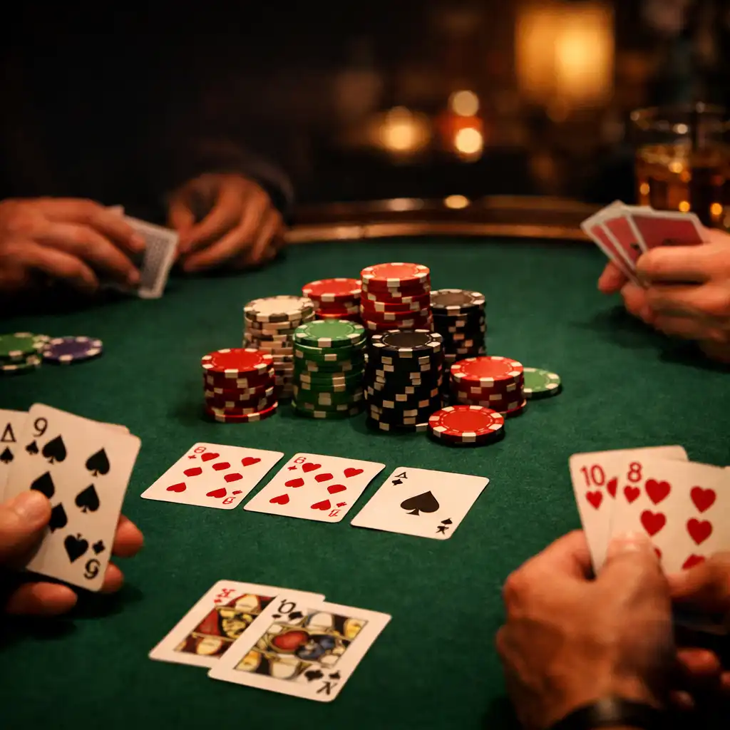 Close-up of a poker table with cards and chips during an evening game