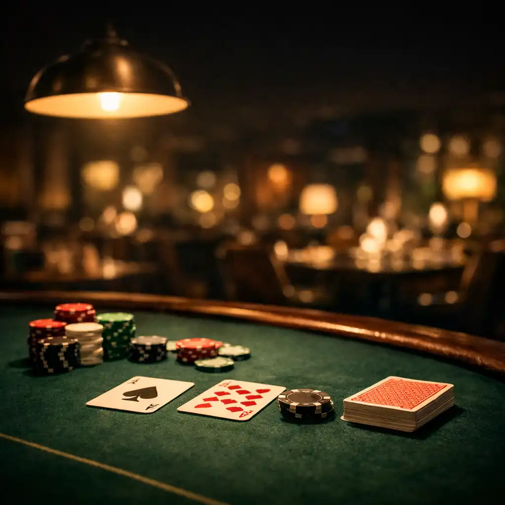 A moody poker table set with dark green felt, cards, and chips under warm pendant lighting in the restaurant