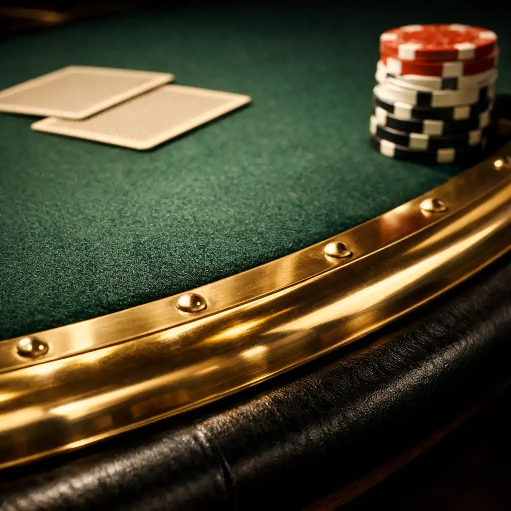 Close detail of the poker table edge with felt, brass rail, cards, and chips