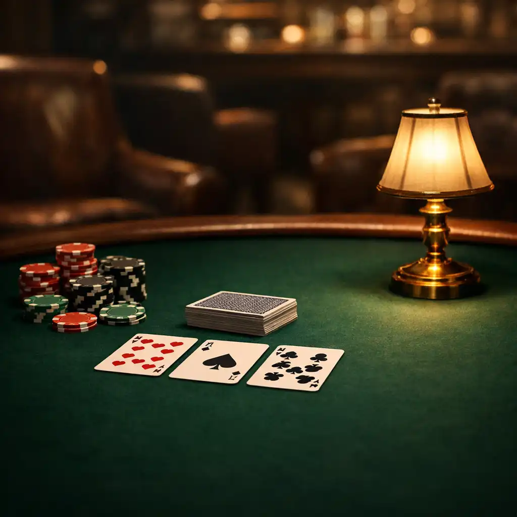 A poker table setting with cards, chips, and a warm brass lamp in a dimly lit lounge