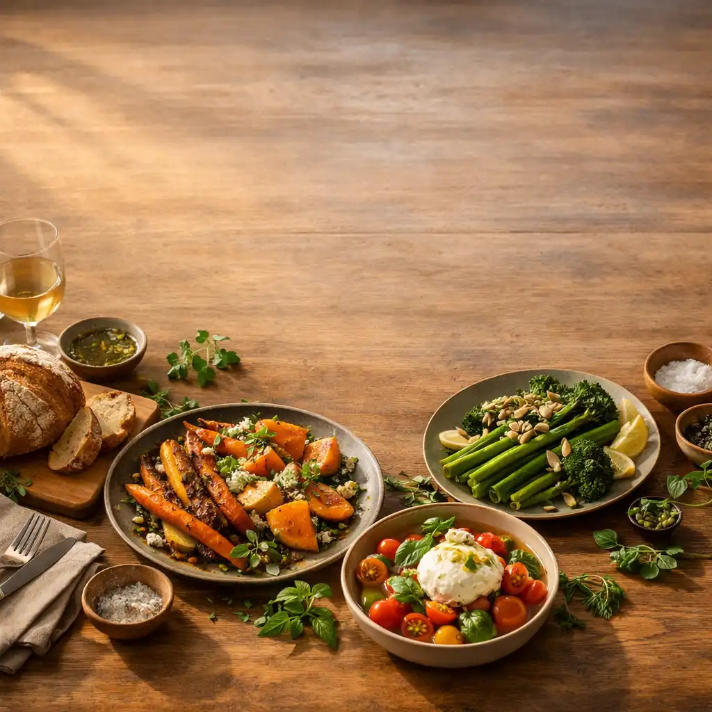 A warmly lit Australian restaurant table set with shared plates of seasonal produce, roasted vegetables, fresh herbs, and a rustic loaf of bread.