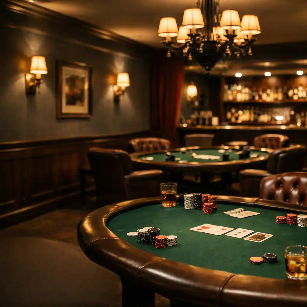 Luxurious lounge with felt-topped poker tables and leather chairs