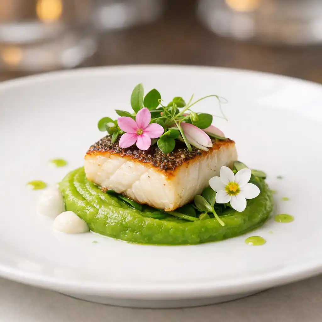 A beautifully plated tasting menu course featuring seared fish on puréed vegetables, garnished with microgreens and edible flowers.