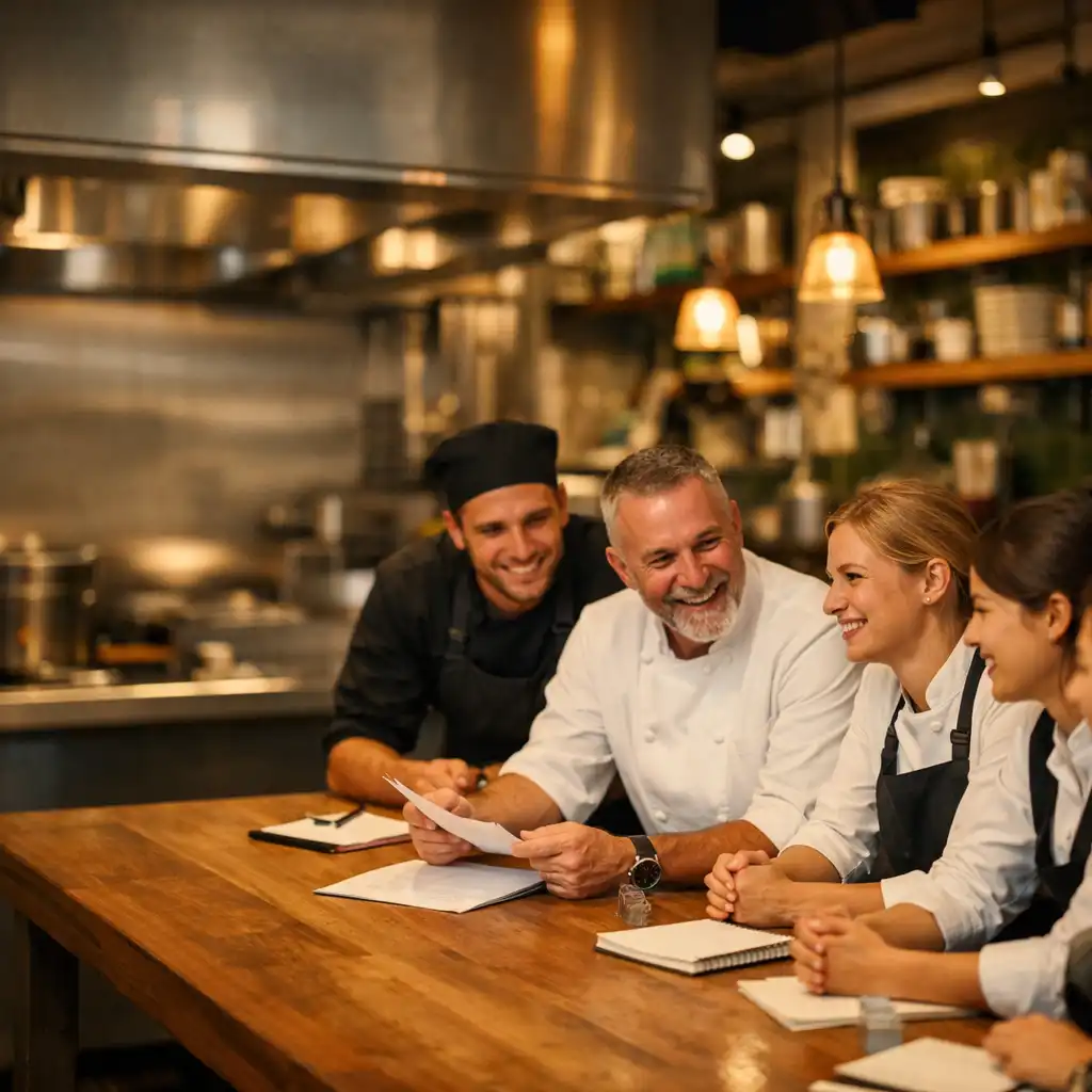 The ADSIGHT LTD team gathered around a wooden table during a pre-service meeting in the kitchen