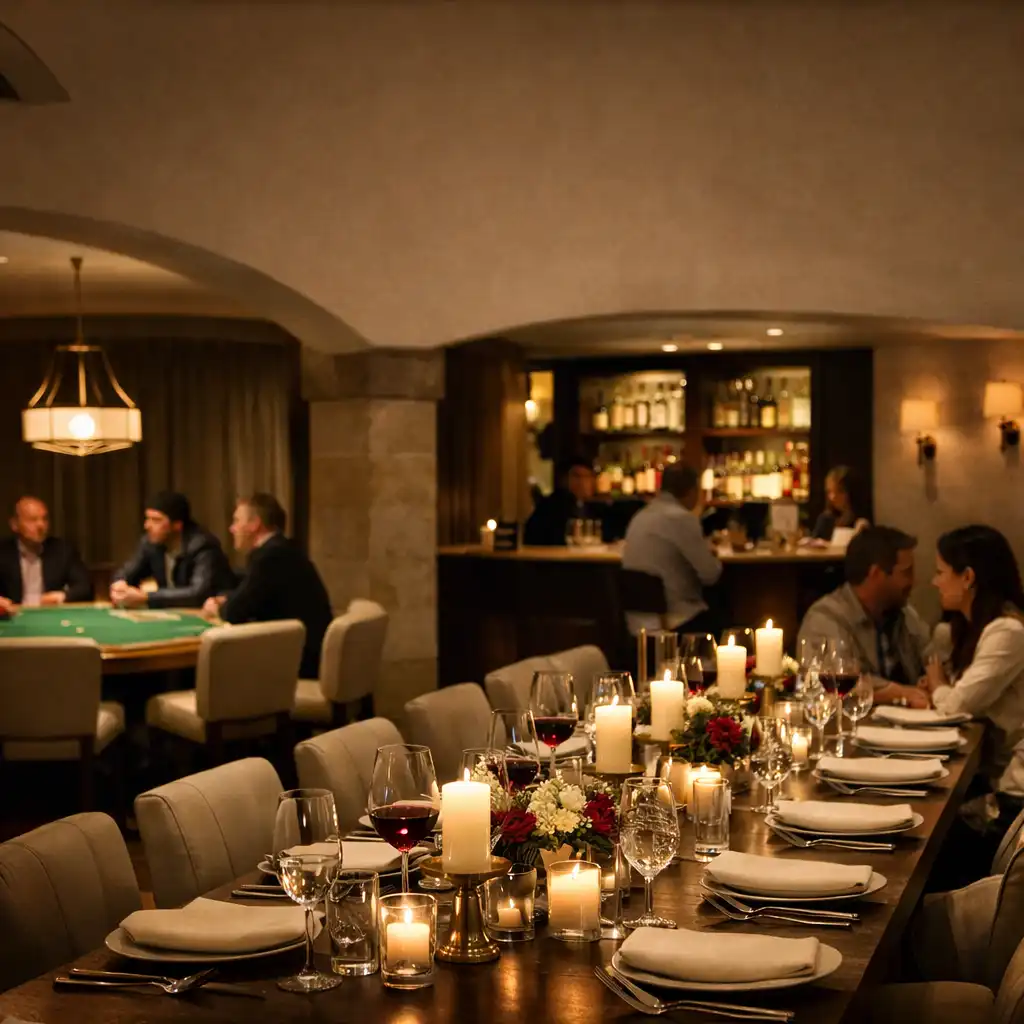 Wide restaurant scene with a long shared table set for dinner and a poker table in the background